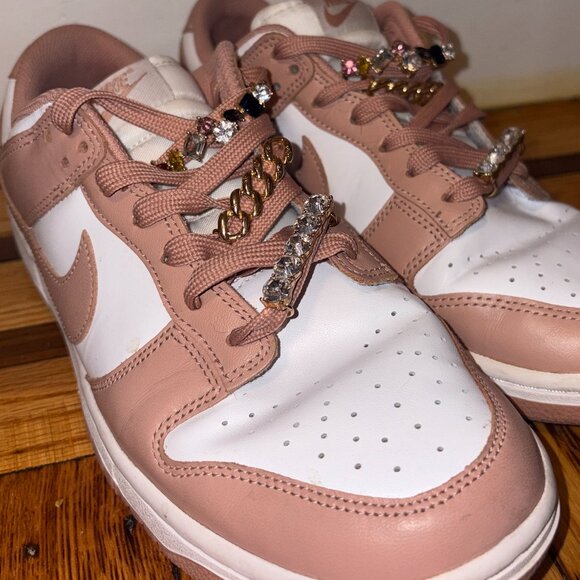 White/Rose Nike Dunk Lows with Shoelace Accessory - Picture 1 of 5